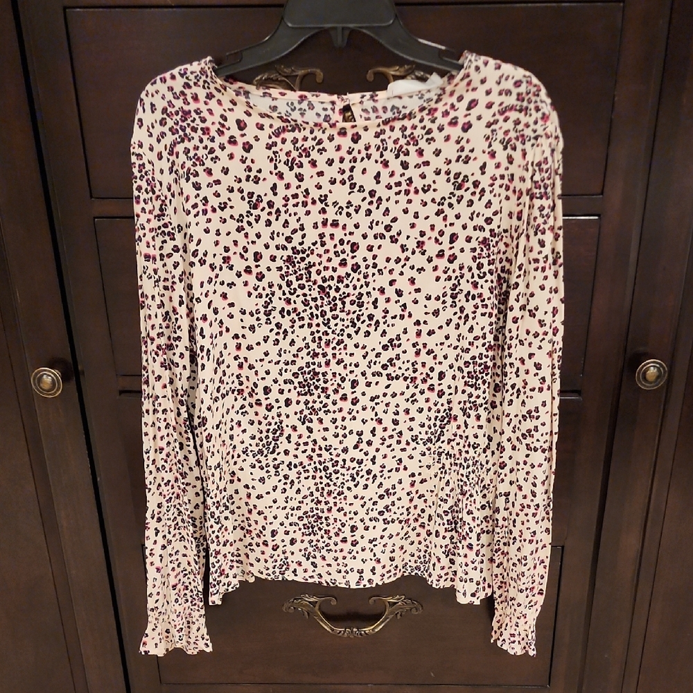 Elodie Long Sleeve Cream Top with Pink and Black Leopard Spots